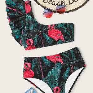 Flamingo & Tropical One Shoulder Bikini Set- New